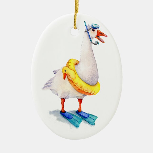 Snorkelling White Goose Ceramic Ornament (Front)