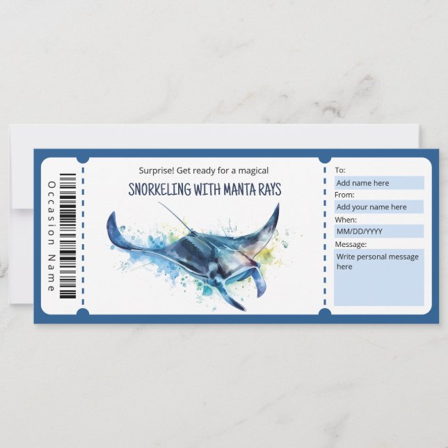 Snorkelling With Manta Ray Ticket Gift Certificate Invitation (Front)