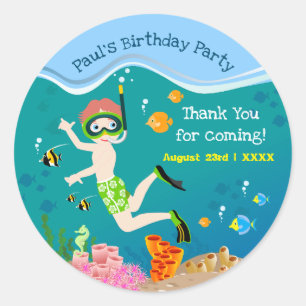 Snorkelling with tropical fish boy birthday party classic round sticker