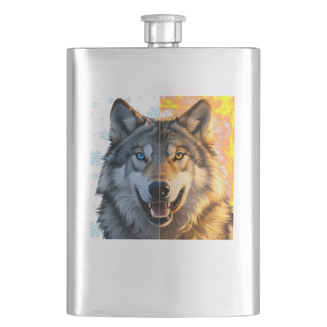 "Snow and Fire" Duality Wolf Split Portrait Hip Flask (Front)