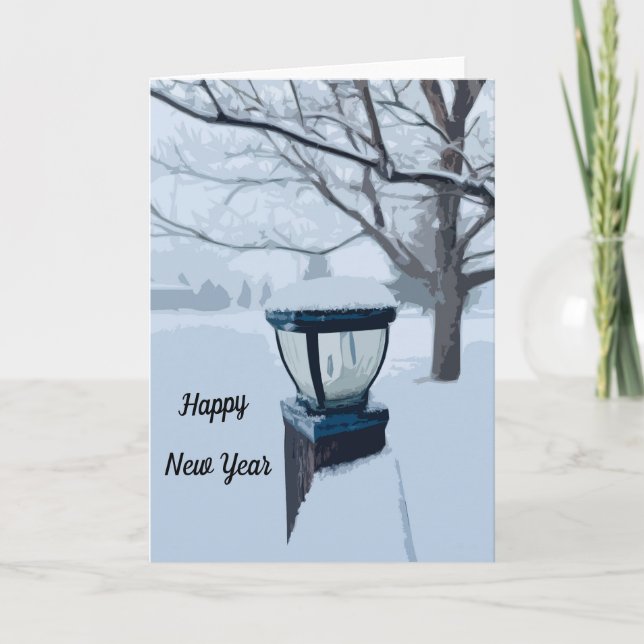 Snow and lamp light outside scene with trees card (Front)