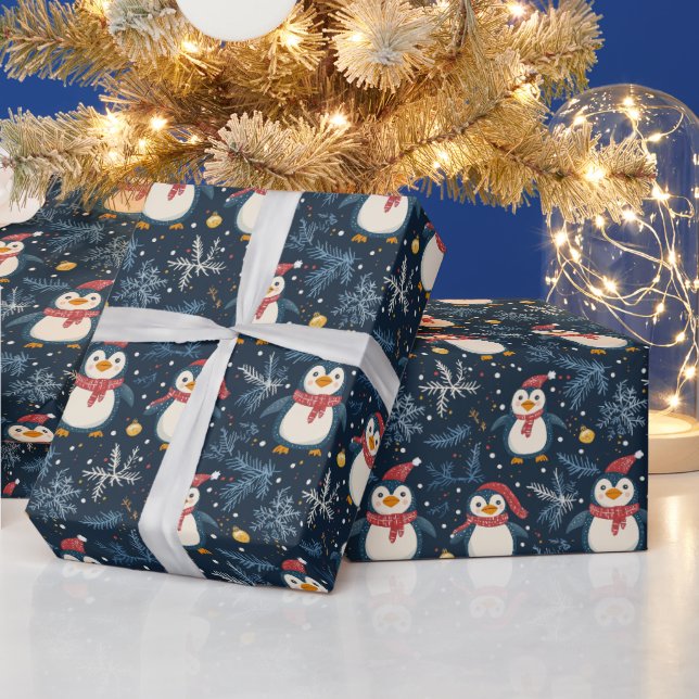 Snow and Penguins Blue Winter  Wrapping Paper (Holidays)