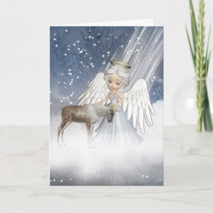 Snow Angel Blowing Snow Over The World, With Reind Holiday Card