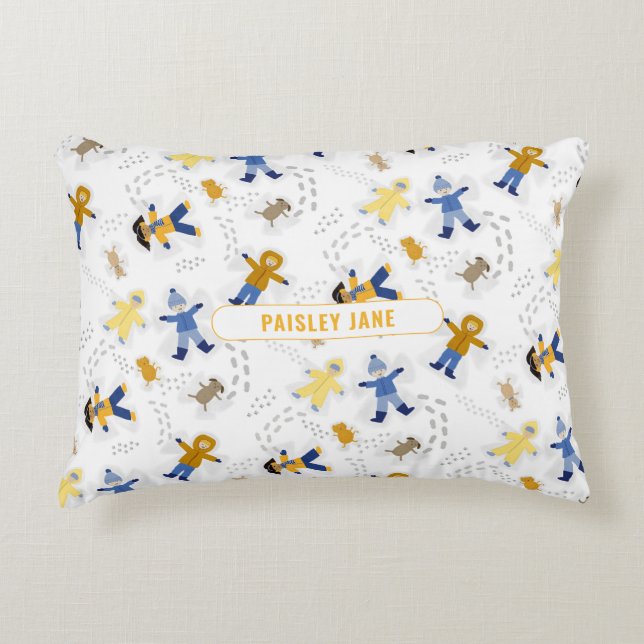 Snow Angel Children with pets + name Accent Pillow (Front)