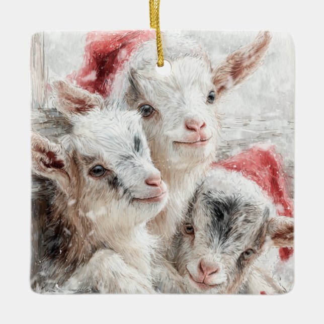 Snow Babies Christmas Goats 5 - YOUR PHOTO Ceramic Ornament (Front)