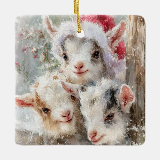 Snow Babies Christmas Goats 7 - YOUR PHOTO Ceramic Ornament (Front)