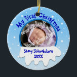 Snow Babys First Christmas Custom Photo Ornament<br><div class="desc">This custom photo Christmas ornament has a circular area where you can put your baby's picture. The ornament says, "My first Christmas." Below it, there is a pile of snow, and you can add your custom name and the year to personalize it. This makes a lovely keepsake ornament that you...</div>