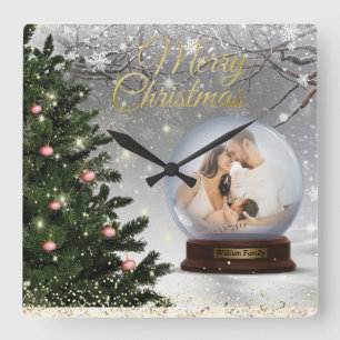 Snow Ball Monogram Name Family Square Wall Clock