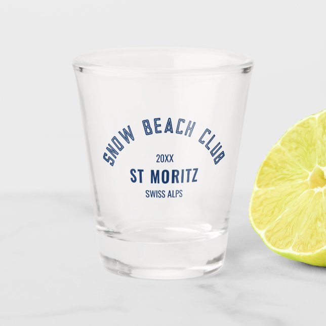 Snow Beach Club Custom Winter Ski Resort Shot Glass (Front)