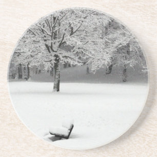 Snow bench and trees coaster
