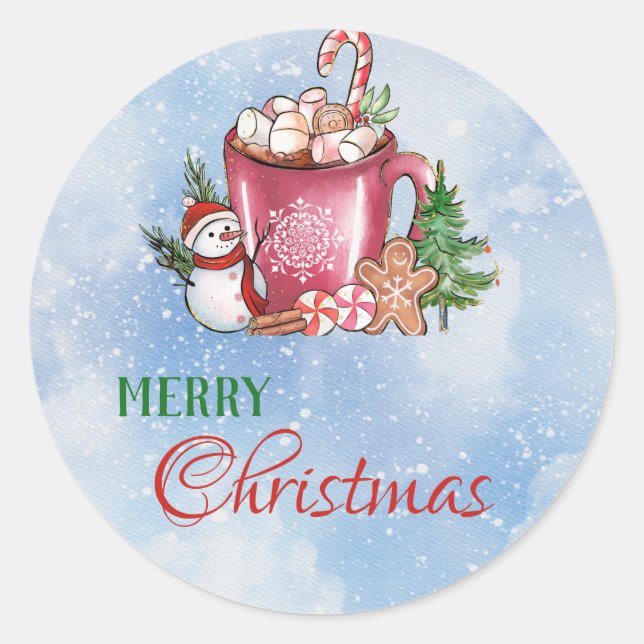 Snow Blue Cute Cup Merry Christmas Happy Holidays  Classic Round Sticker (Front)