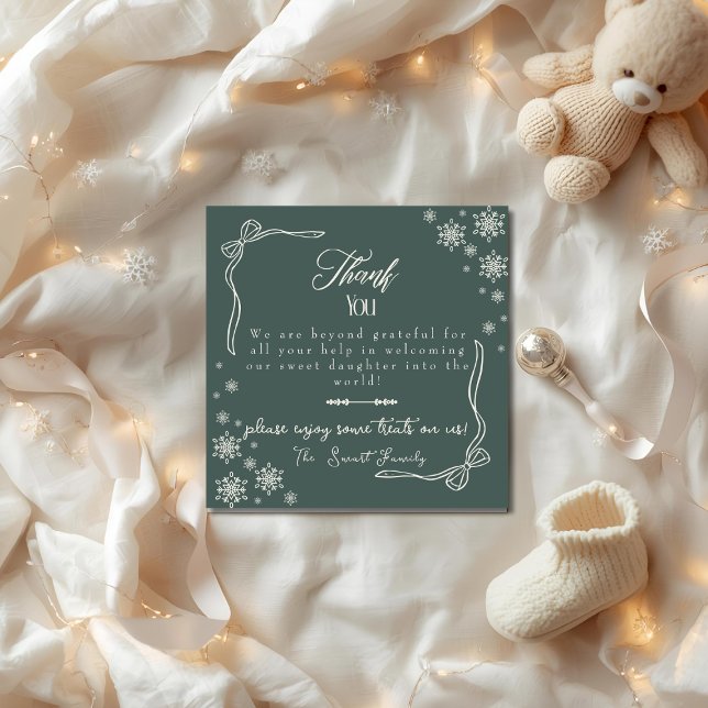 Snow Bow green baby Labour  Delivery NICU Hospital Thank You Card (Snow Bow green baby Labor Delivery NICU Hospital Thank You Card)