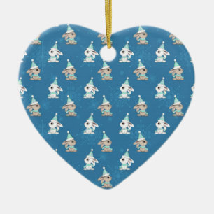 Snow Bunnies in Hats and Scarfs Holiday Art Ceramic Ornament