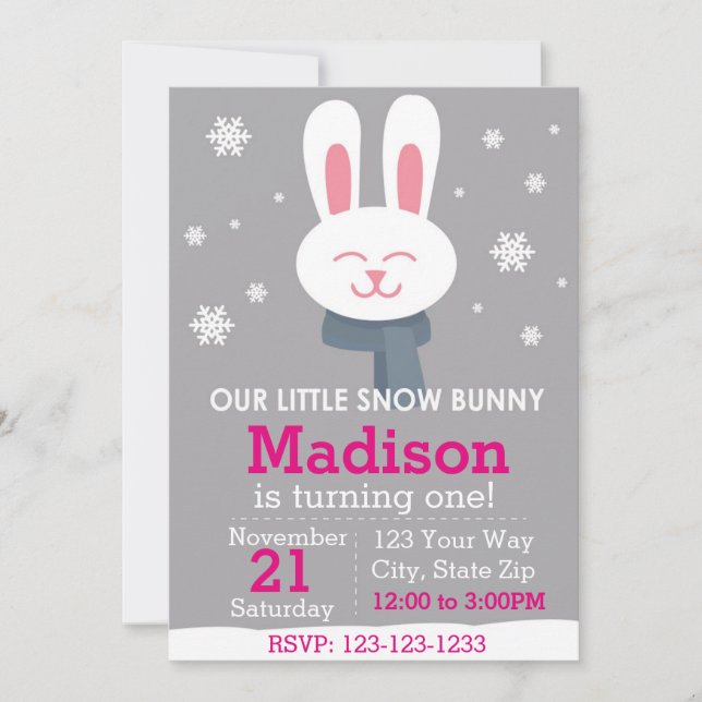 Snow Bunny Birthday Invitation (pink) (Front)