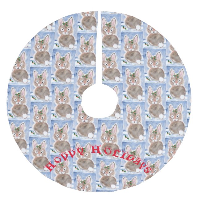 Snow Bunny Rabbit Christmas Tree Skirt Blue White (Front)