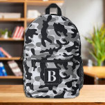Snow Camo Personalized Modern Monogram Camouflage Printed Backpack<br><div class="desc">Introducing our modern and trendy camo backpack, perfect for kids, students, hikers, and day trippers! This cool backpack features a snow camo pattern with shades of black, white and grey, giving it a military-inspired look that is sure to turn heads. The camo design is not only stylish, but also functional,...</div>