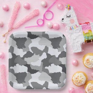 Snow Camo   White Gray Camouflage Paper Plate