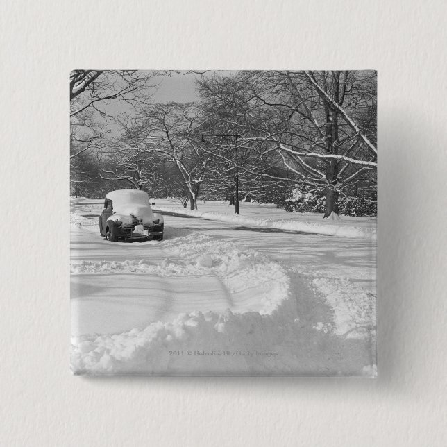 Snow capped car on street B&W 2 Inch Square Button (Front)