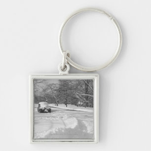 Snow capped car on street B&W Keychain