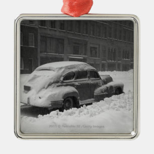 Snow capped car on street B&W Metal Ornament
