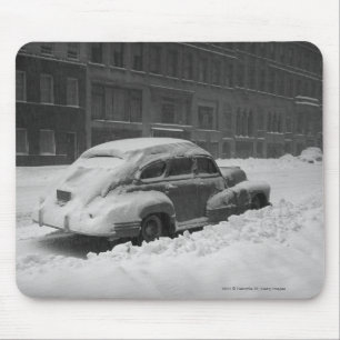 Snow capped car on street B&W Mouse Pad