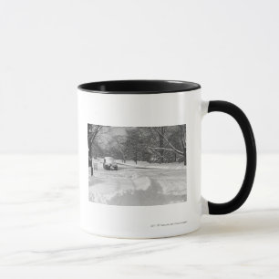 Snow capped car on street B&W Mug