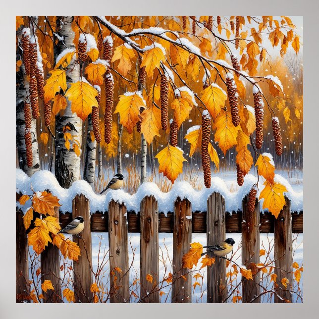 Snow-Capped Fence for Cozy Home Decor & Gift ❄️🐦 (Front)
