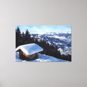 Snow capped mountain hut canvas print