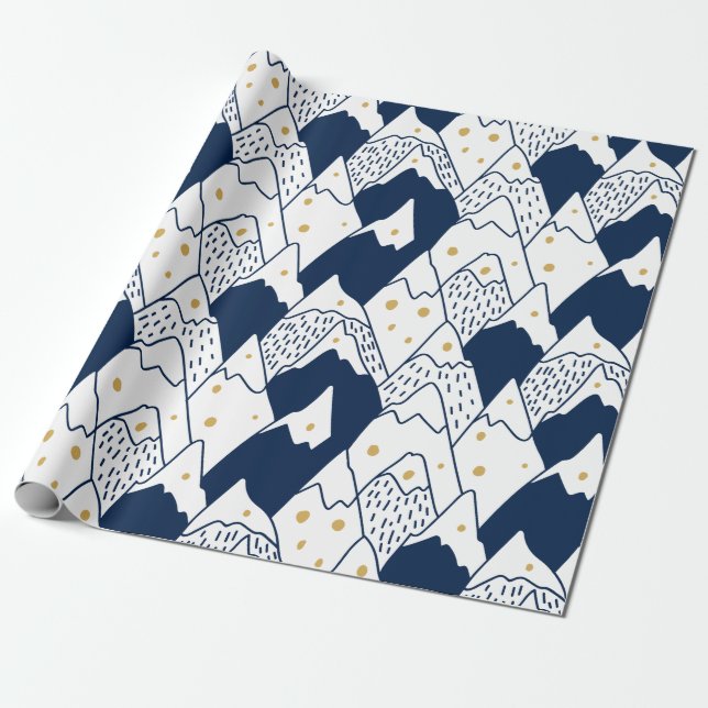 Snow Capped Mountain Pattern Black Gold Festive Wrapping Paper (Unrolled)