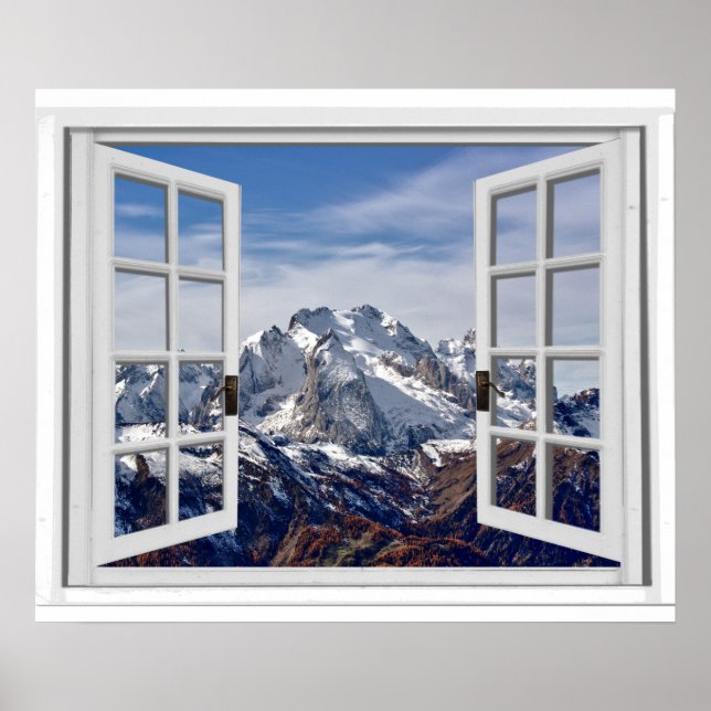 Snow Capped Mountain Peaks Fake Window Poster (Front)