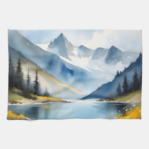 Snow capped mountains and a lake kitchen towel