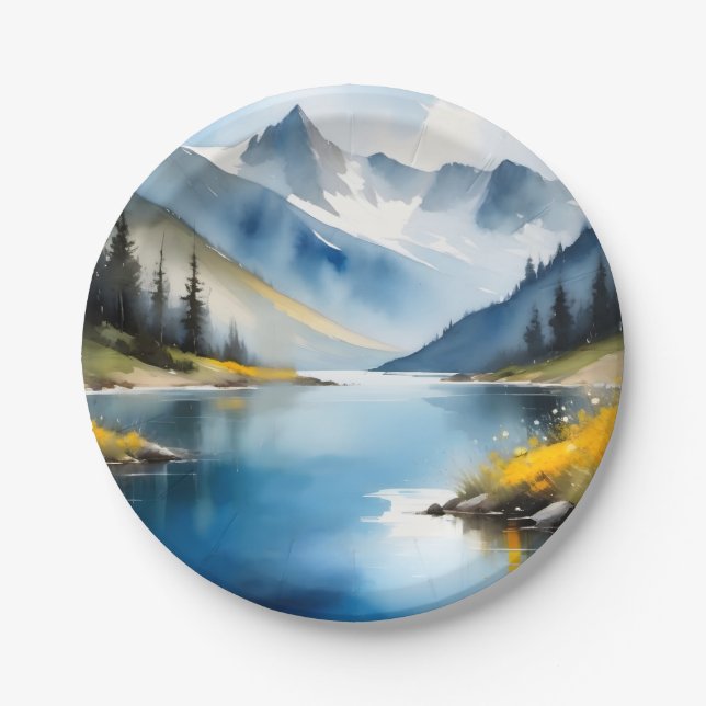 Snow capped mountains and a lake paper plate (Front)