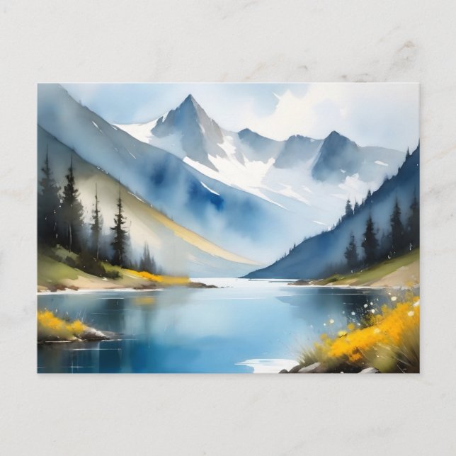 Snow capped mountains and a lake postcard (Front)