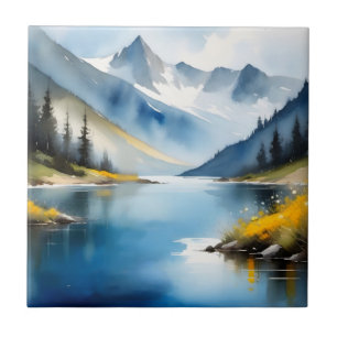 Snow capped mountains and a lake tile