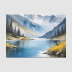 Snow capped mountains and a lake tissue paper