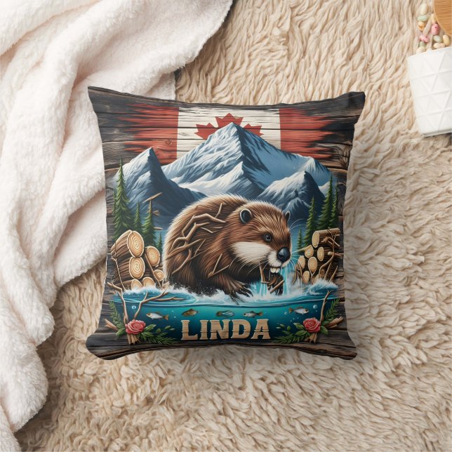 Snow-Capped Peaks and Canadian Beaver Throw Pillow (Blanket)