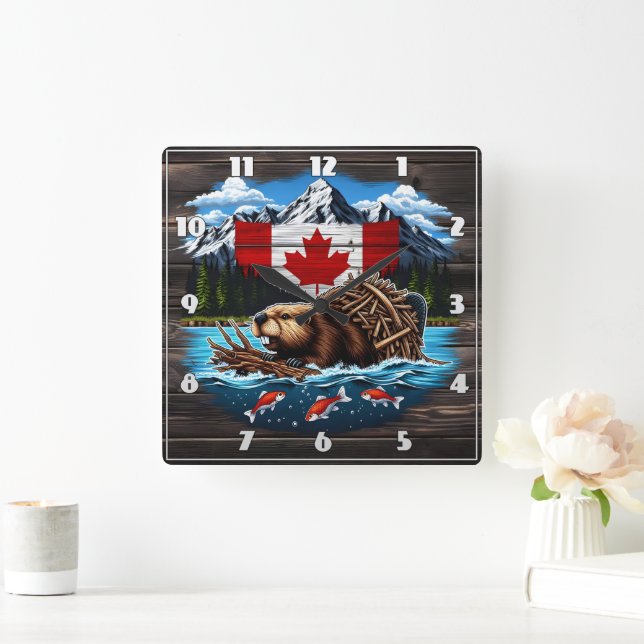 Snow-Capped Peaks, Canadian Beaver, Ocean Square Wall Clock (Home)