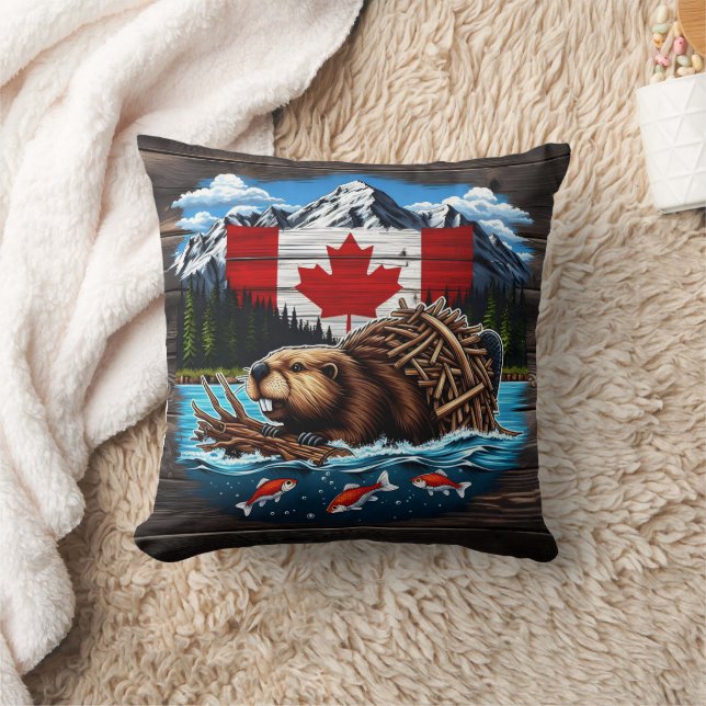 Snow-Capped Peaks, Canadian Beaver, Ocean Throw Pillow (Blanket)