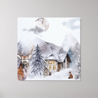 Snow & Caribou & Fox Canvas Print