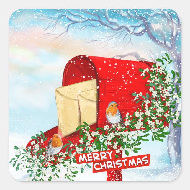 Snow Christmas Birds Red Post Box Square Stickers (Front)