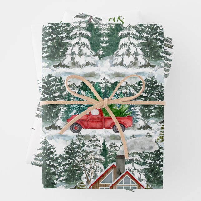 Snow Christmas Cabins and red truck  Wrapping Paper Sheet (In situ)