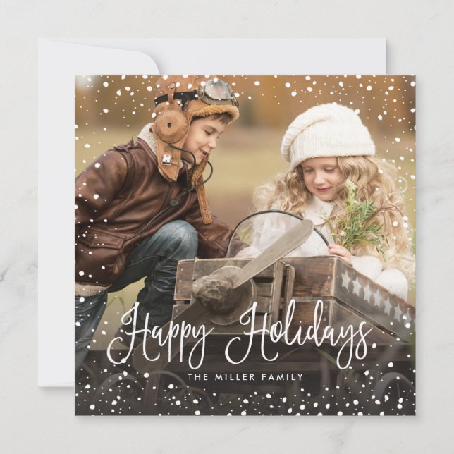 Snow Christmas Script Photo Square Holiday Card (Front)
