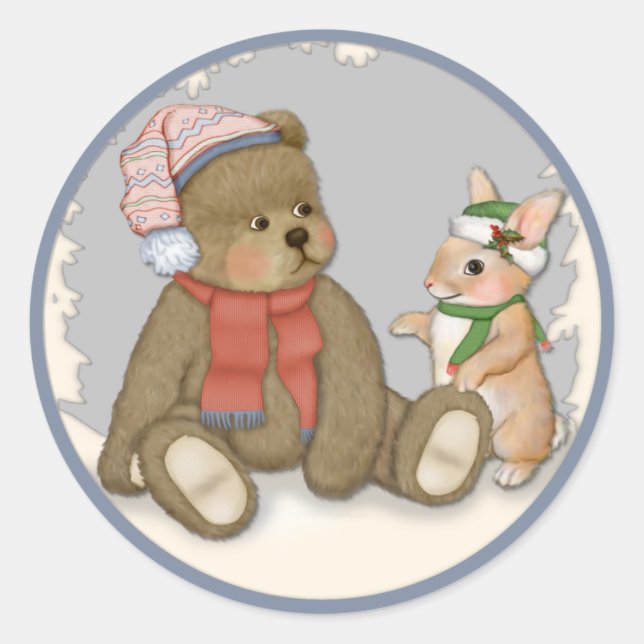 Snow Christmas Teddy and Bunny Classic Round Sticker (Front)