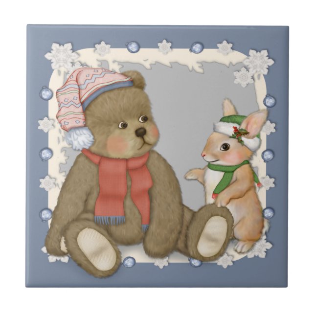 Snow Christmas Teddy and Bunny Tile (Front)