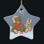 Snow Christmas Teddy Ceramic Ornament<br><div class="desc">Sweet winter design features a teddybear and his bunny friend wearing their warm holiday clothing. Blue and white background with snow swirls and snowflakes. Customize or delete date area.</div>