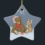 Snow Christmas Teddy Ceramic Ornament<br><div class="desc">Sweet winter design features a teddybear and his bunny friend wearing their warm holiday clothing. Blue and white background with snow swirls and snowflakes. Customize or delete date area.</div>