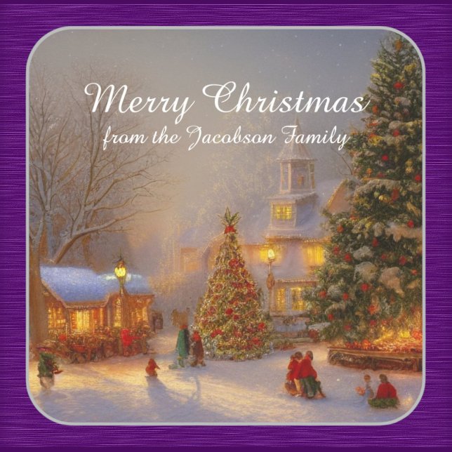 Snow Christmas Trees In Quaint Village Scene Square Sticker (Creator Uploaded)