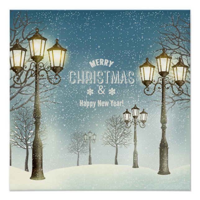 Snow Clad Trees,Street Lamps Christmas & New Year Poster (Front)