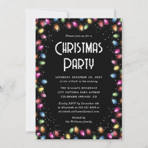 Snow Colored Lights Black Christmas Party Invitation