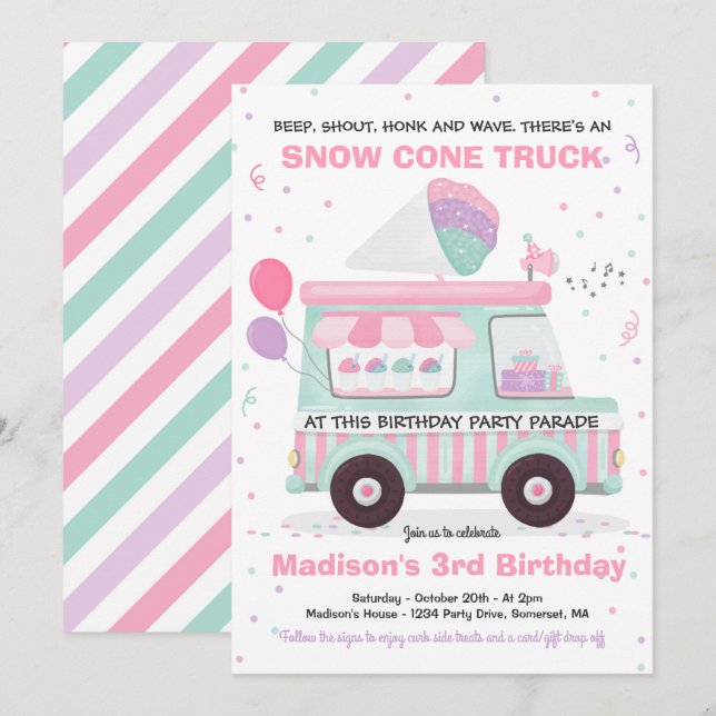 Snow Cone Birthday Party Drive By Birthday Parade Invitation (Front/Back)